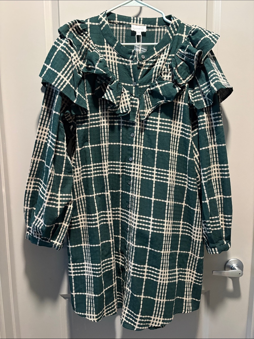 GeeGee x Lovelo Plaid Ruffle Shirt Mini Dress 2X Green Cream Cotton NWT - Picture 2 of 11